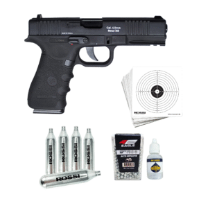 Combo Glock W119 Rossi CO2 Blowback 4.5mm – Pistola + Esferas + Óleo de Silicone + Alvo