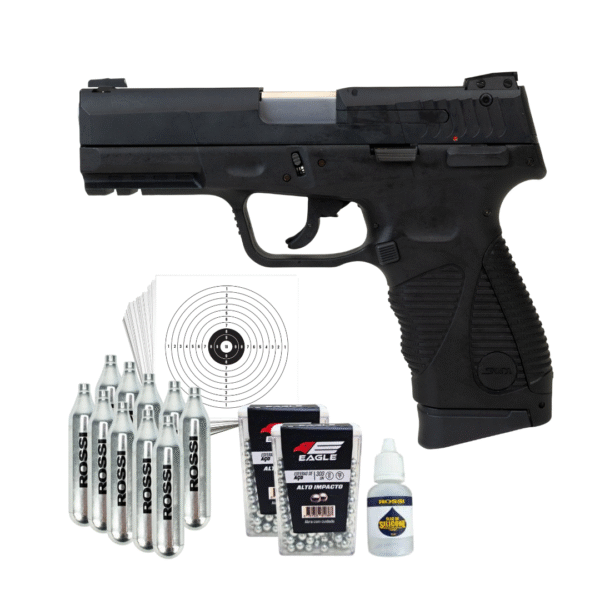 Combo Pistola KWC 24/7 Slide Metal CO2 Blowback 4,5mm com Maleta, Alvos, Esferas, Gás CO2 e Óleo de Silicone