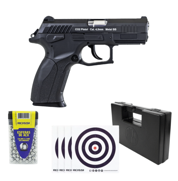 Combo ROSSI W129 CO2 BLOWBACK 4,5MM + 300 esferas 4.5mm + Pacote de Alvo + Maleta Rossi